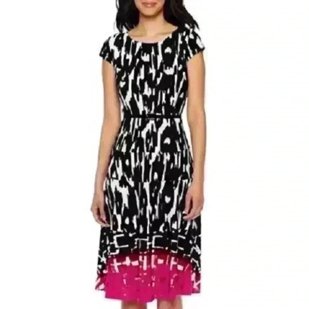 Nine & Co. Dress Black/White, Pink Jersey Swing Dress, Size 16